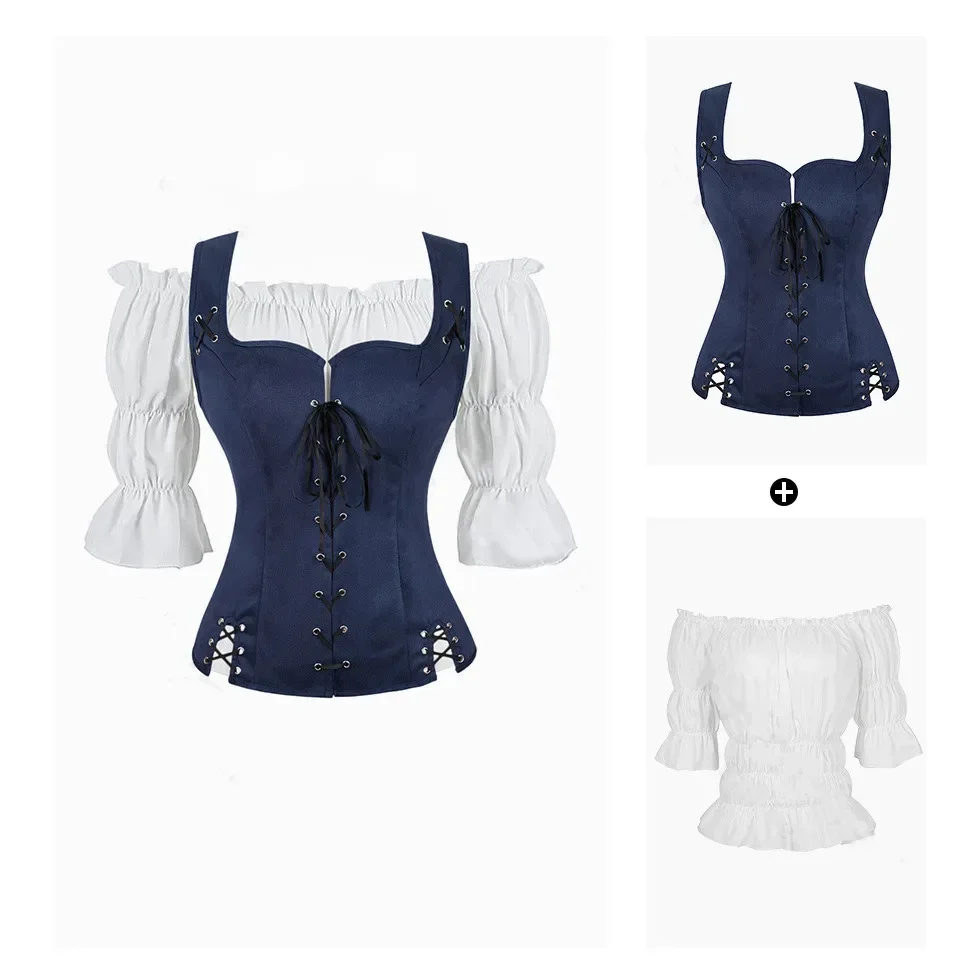 Pirate Costume Steampunk Gothic Women Corsets Vest Plus Size Medieval Off Shoulder Blouse Tops 2 Pieces Sets Renaissance Vest - view 5