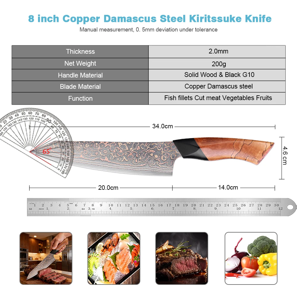 XITUO Premium Copper Damascus Steel 8-inch Kiritsuke Knife Razor-sharp Japanese Sashimi Slicing Knife with Wood and G10 Handle