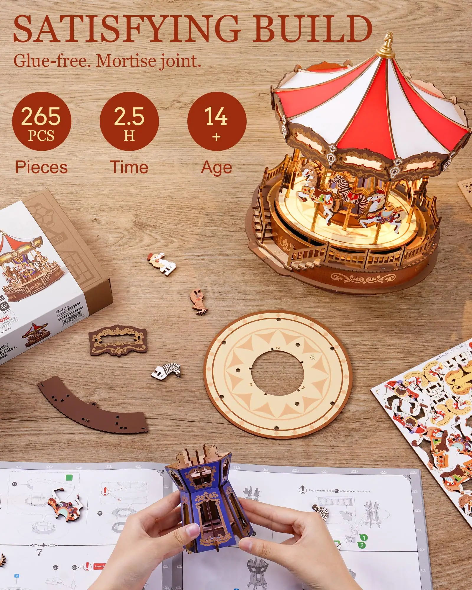 Robotime Rolife Classic Carousel Music Boxes Easy Assemble 3D Wooden Puzzle Moveable Design with Light Xmas Gifts for Family