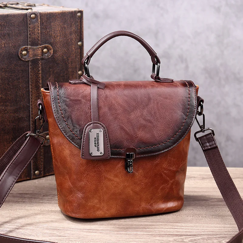 

Vintage Style Fashion Bucket Bag, Women's Bag, Genuine Leather Bucket Bag for Women, Lock Clasp Flap, Versatile Handbag, Shoulder Bag, Crossbody Bag