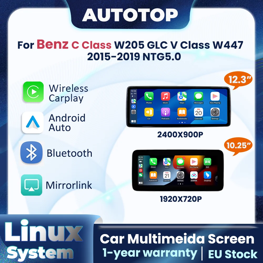 Système Linux 10.25 " 12.3 " pour Benz classe C W205 GLC classe V W447 A W176 CLA GLA 2015-2019, écran multimédia sans fil CarPlay Android Auto, navigation GPS, radio BT pour voiture