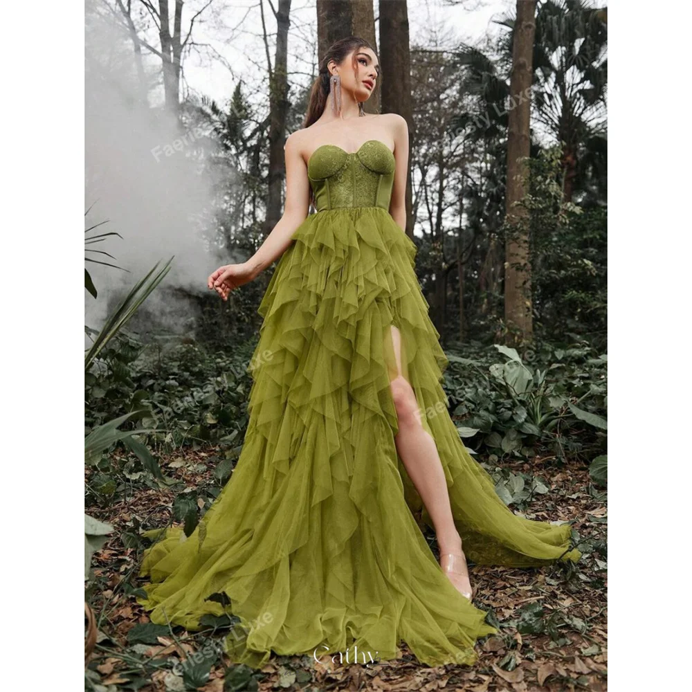 Sansa Green Tulle A-line Strapless Prom Dresses Side High Split vestidos de noche Elegant Floor-length Sleeveless Formal Evening