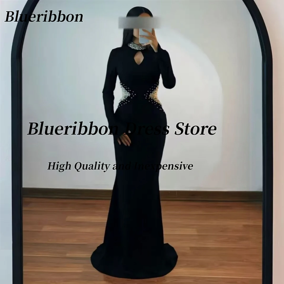 Blueribbon Customized Keyhole High Collar Evening Dresses Beading Sexy Cutaway Sides Prom Dress Long Sleeves Vestidos Des Noches