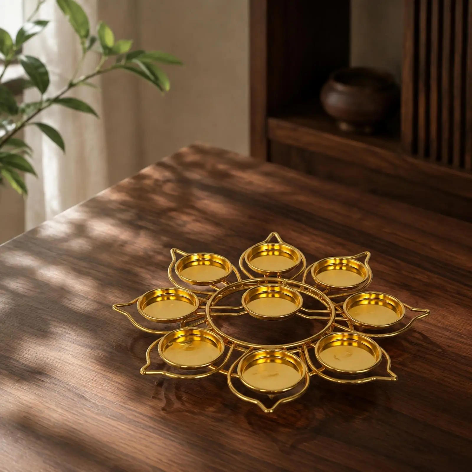 Gold-Tone Alloy Candle Holder Decorative Lotus Candle Holder Oil Lamp Reflective Multi-Cup for Altar Arrangements, Prayer Zones