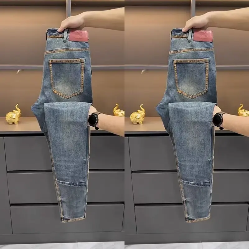 Luxury Retro Casual Jeans for Men, Spring/Summer 2025 Hot Selling Trendy Slim Fit Washed Blue Skinny Jeans