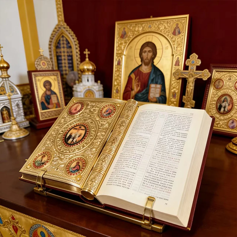 Vintage Gold Plated Orthodox Holy Gospel Book with Enamel Saint Icons for Church Liturgy Home Altar Prayer Christian Faith Gift
