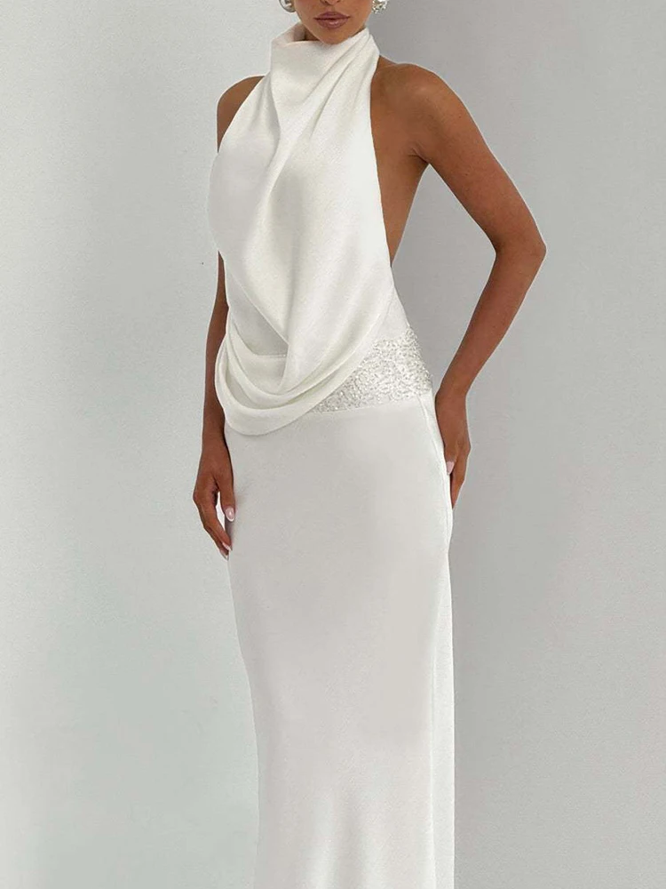 فستان سهرة مثير بدون ظهر من الساتان بطيات موضة فستان ذيل السمكة من الدانتيل الصلب فستان صيفي جديد مزين بالترتر فستان حفلات الورك النحيف