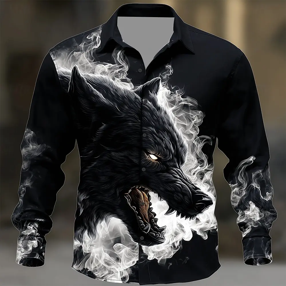Men's Cool Smoky Animal Wolf Shirt Fashion 3D Printed Shirt Button Up Shirt Casual Long Sleeve Shirt Street Blouse For Mens