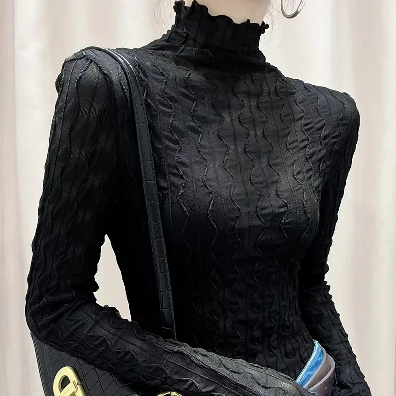 레이스 베이스 이르트 봄 가을 신상 튼튼한 스웨터 이너 네트 하이 칼라 롱 슬리브 다용도 탑 물결무늬 스트라이프