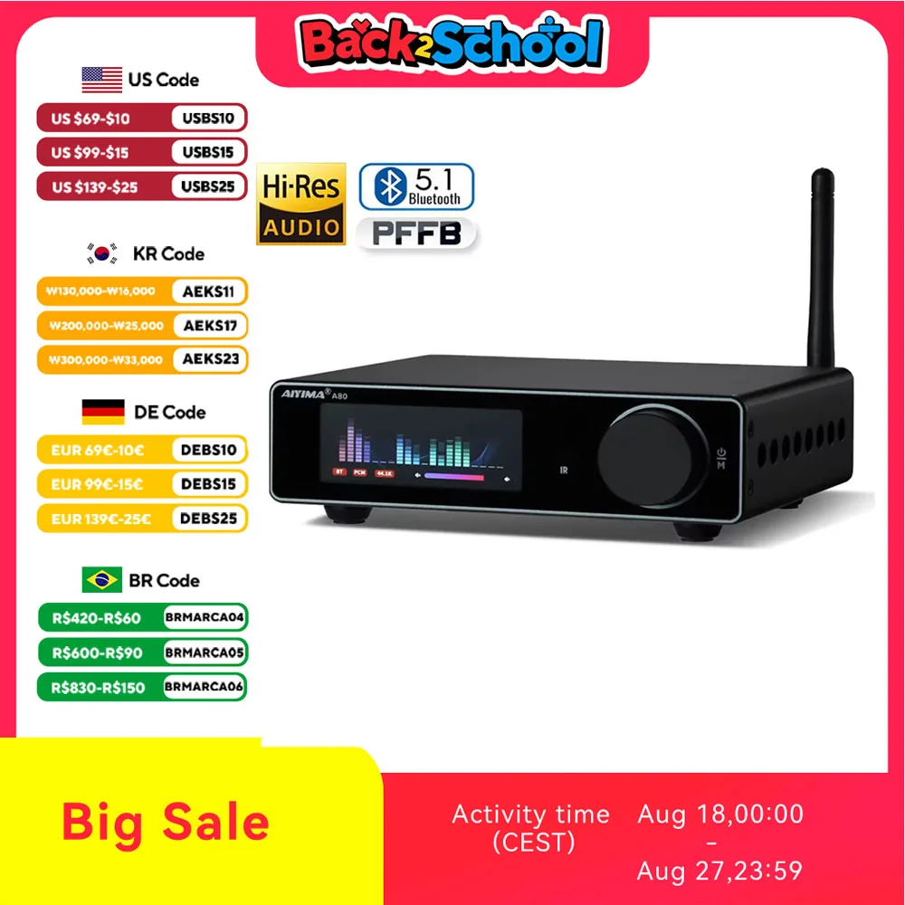 AIYIMA A80 TPA3255 Amplificatore Bluetooth PFFB con DAC Misuratore UV elettronico Potenza 300WX2 Hi-Res HiFi Home Amplificatore digitale Ingresso TRS RCA