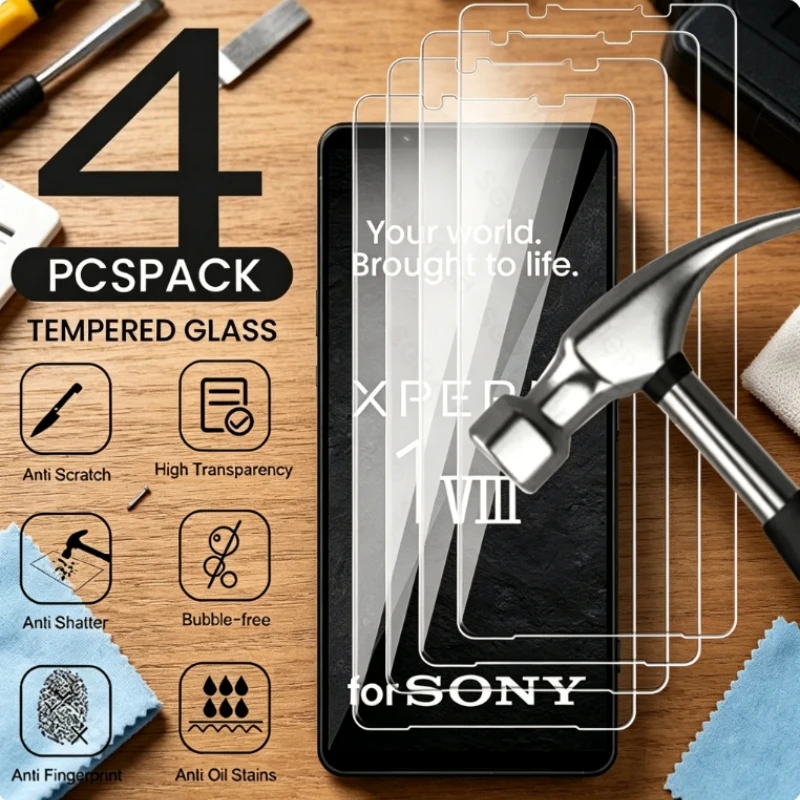 

4Pcs 9H Screen Protector Case for Sony Xperia 1 VIII 1VIII 5G Full Cover Tempered Glass Xperia1VIII XQ-GE54,XQ-GE74,XQ-GE44 6.5"