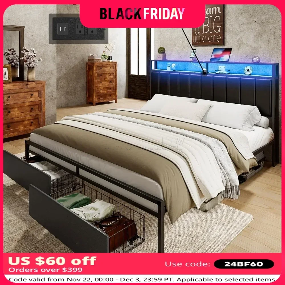 Full Bed Frame with 2 Storage Drawers, 2-Tier Storage PU Headboard with Charging Station& LED Lights, Bed Frame