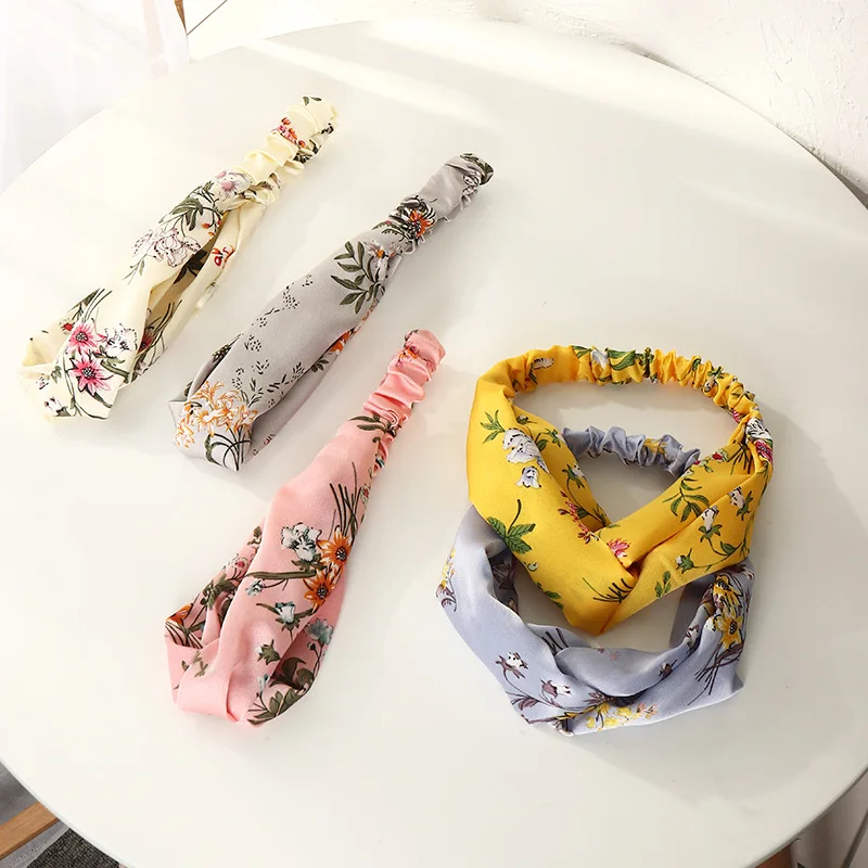 Satin Cross Top Knot Headband Elastic Hair Band Girls Women Bohemian Sweet Print Scrunchies Hairband Hair Accessories Fashion