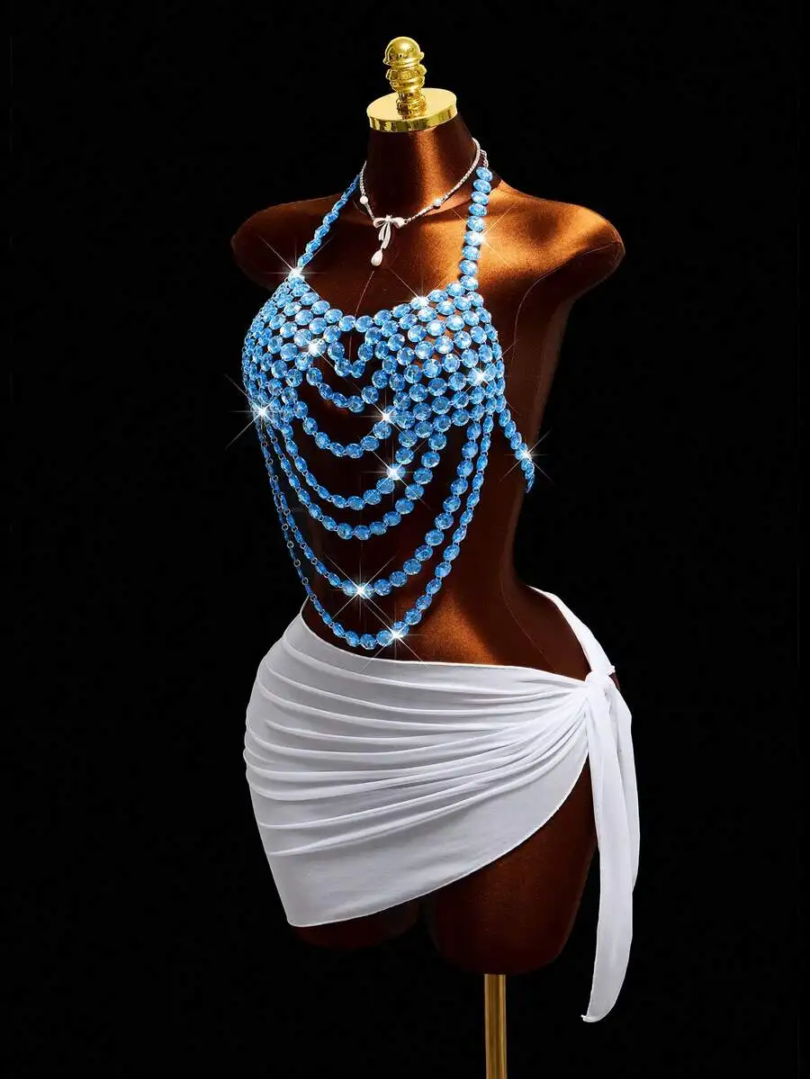

Womens Beaded Halter Tankini Set With Crystal Embellishments
