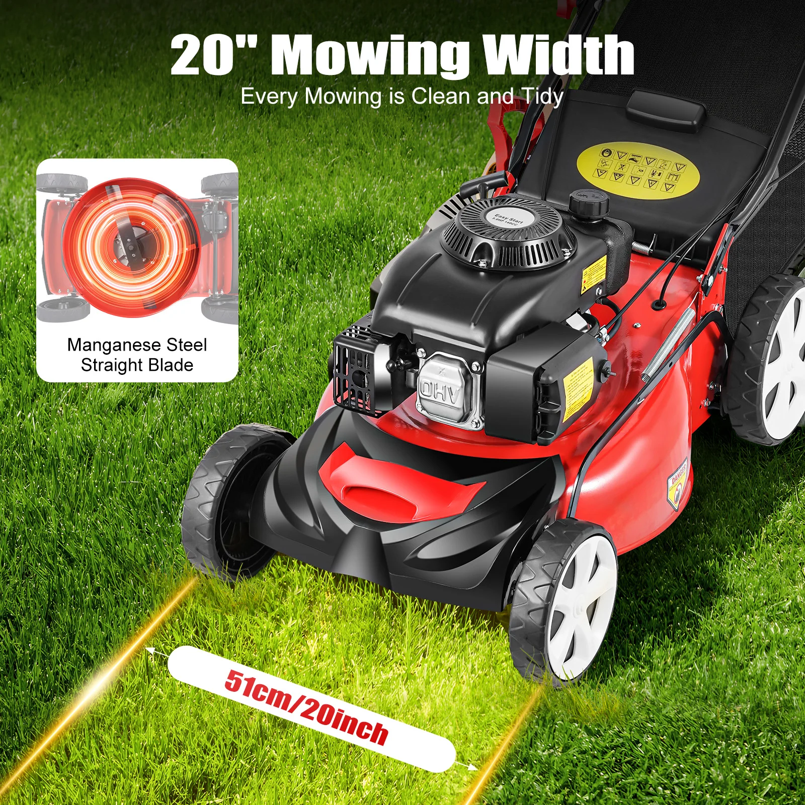 20Inch 5HP Self Propelled Gas Lawn Mower 4-Stroke 140CC Gas Mower, Walk Behind Gas Powered Lawn Mower 2800rpm