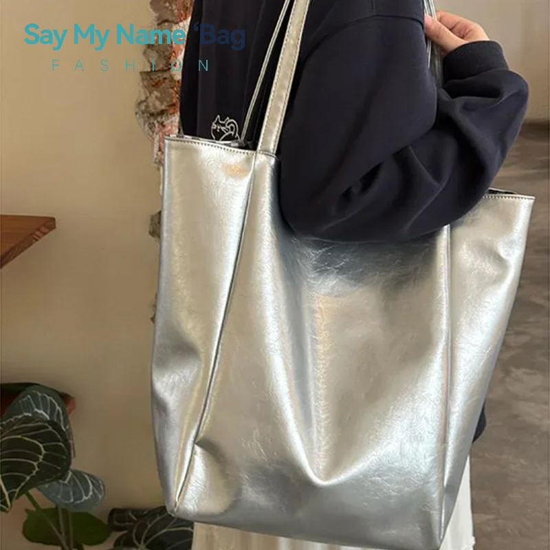 

Large Capacity Tote Bags For Women Female Silver Pu Bag Korean Style Retro Plaid Shoulder Bag Canvas Handbags For Women