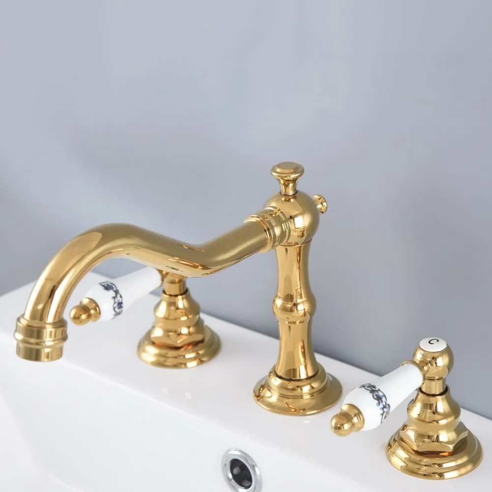 

Gold Color Brass Widespread Dual Handle Bathroom Washing Basin Mixer Taps Deck Mounted 3 Holes Lavatory Sink Faucet anf985