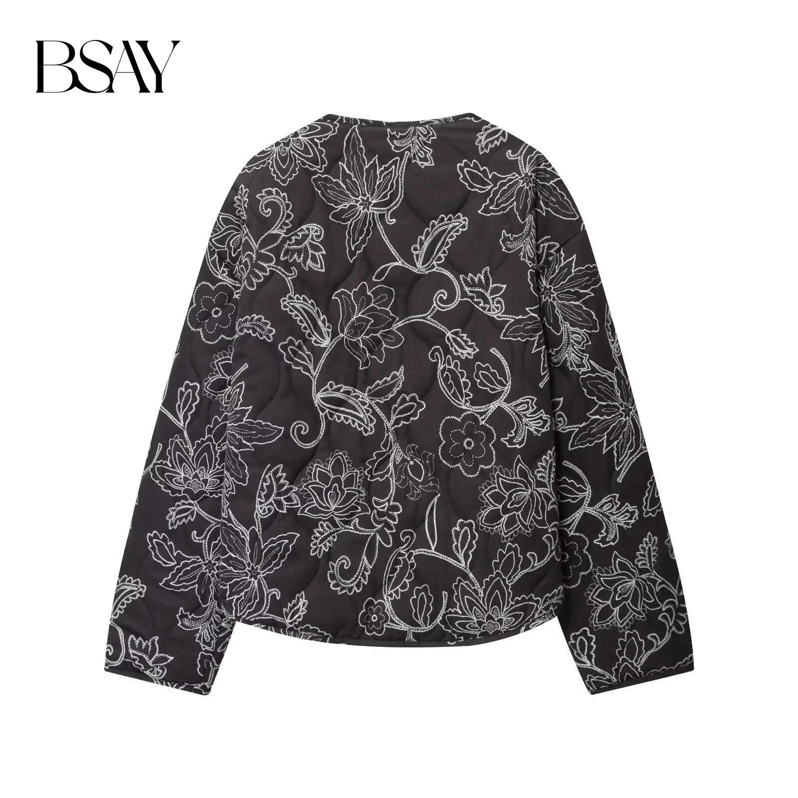 BSAY round neck long sleeved single row button women's clothing 2025 autumn new casual simple quilted coating jacket