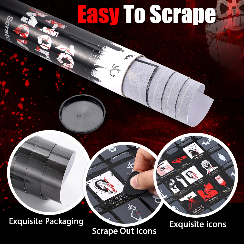 100 Mixed Horror Movie Scratch-Off Posters Hangings Decorative Paintings Stress-Relieving Fun Decorations Halloween Party Games