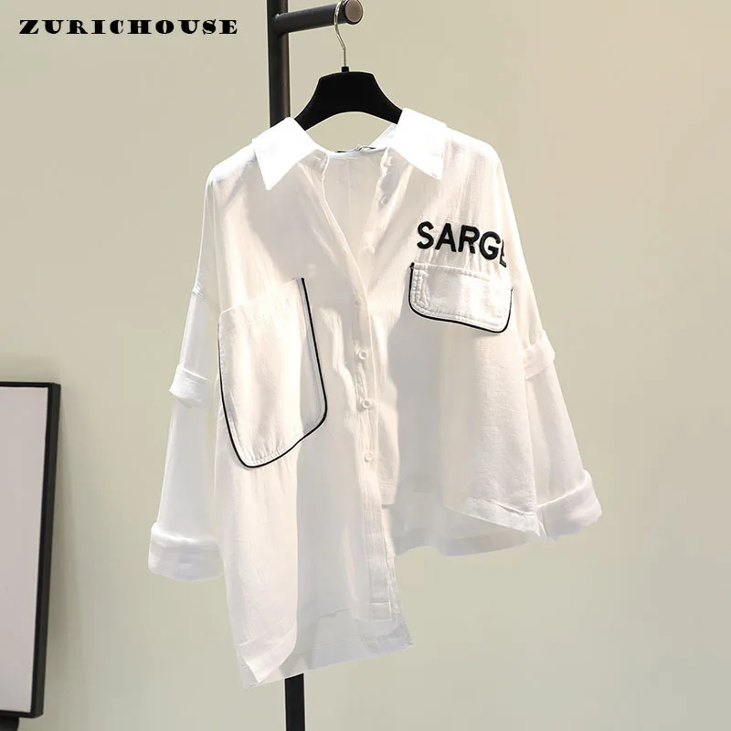 ZURICHOUSE Irregular Camisa das Mulheres Manga Longa Solta Casual Primavera Verão Moda Grande Carta de Bolso Bordado Blusas Brancas Top