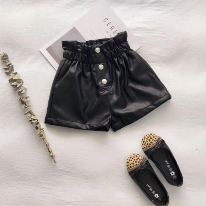 2024 new Spring Autumn Girls Kids PU Faux Leather Shorts  Baby Children Jeans Trousers Children Clothes 2-12T