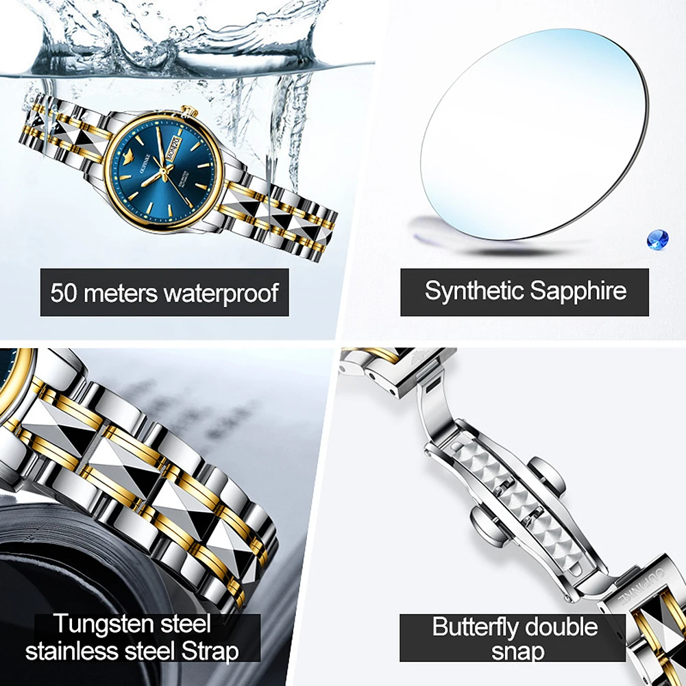 OUPINKE 3170 Dual Calendar Mechanical Watch For Women Top Brand Deep Waterproof Dress Wristwatch Luxury Stainless Steel Watches