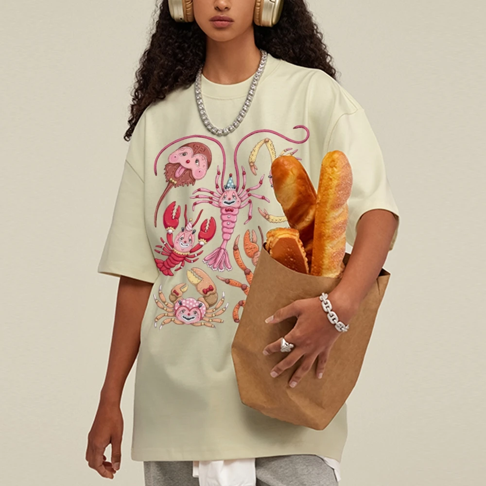 Cartoon Lobster Graphict-Shirt Summer Men's Casual Cotton Top Hip-Hop Street Short-Sleeved Retro Y2k Style Women's Tee Oversize
