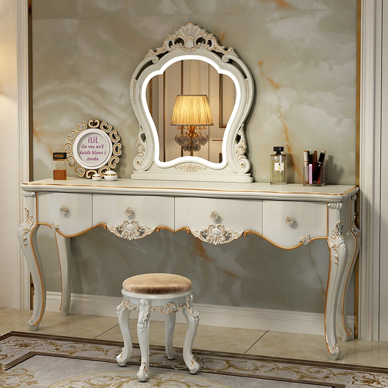 luxury white dressing table European Luxury Vanity Table Bedroom Mid Century White Makeup Dressing  Table Cosmetics Chair Penteadeira Postmodern Furniture