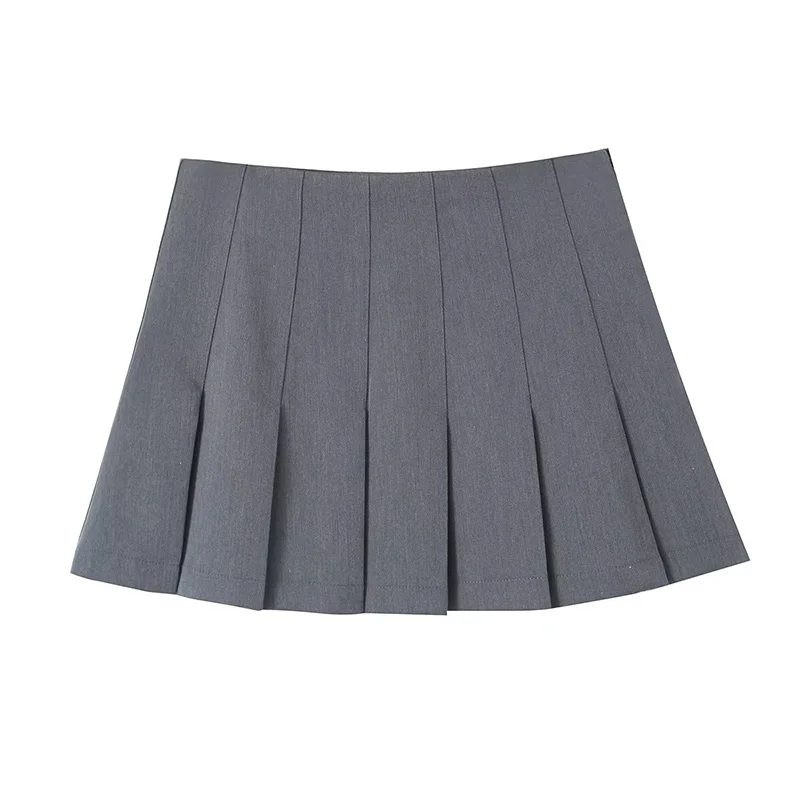 Willshela Women Fashion Grey Pleated Side Zipper Mini Skirt Vintage High Waist A-Line Female Chic Lady Skirts