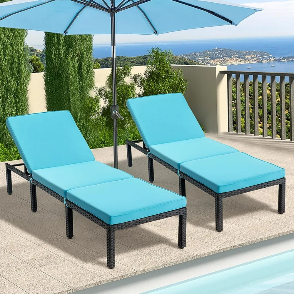 

Outdoor Chaise Lounge Chair Set of 2, PE Wicker Lounger Recliner with 5-Position Adjustable Backrest & Removable Cushio