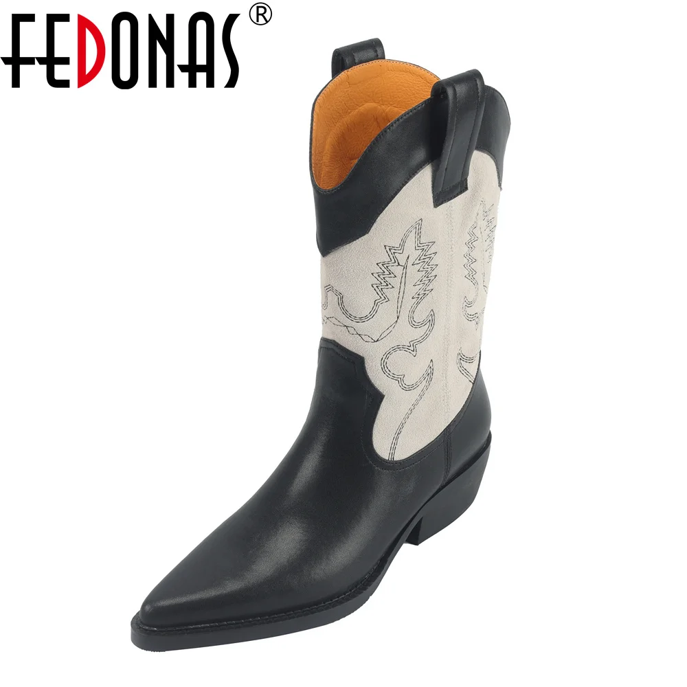 

FEDONAS Sexy Black White Genuine Leather Mid-calf Boots Pointed Toe Western Cowboy Boots Warm High Party Dance Shoes Woman Boots