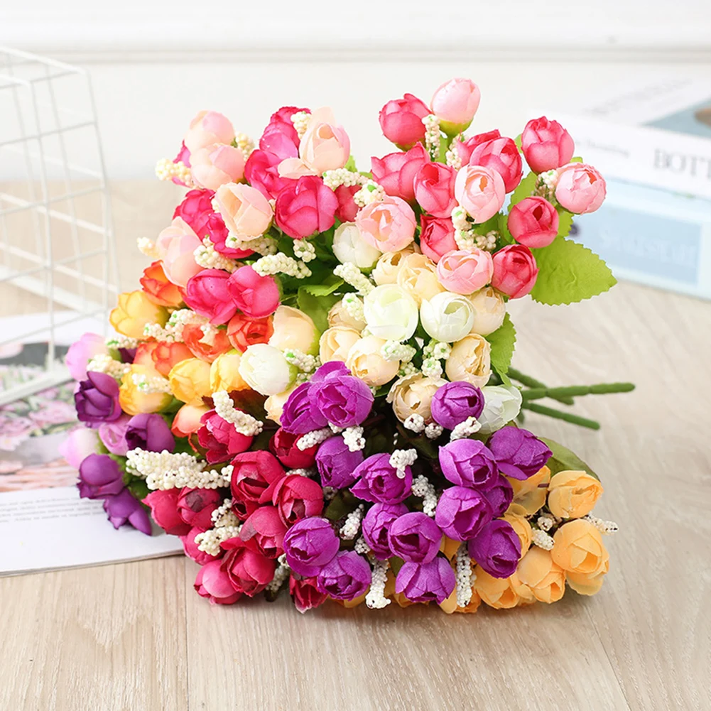 

1 Bouquet 15 Heads Small Bud Roses Bract Silk Artificial Flower DIY Wedding Home Christmas Decor Floral Gifts Photo Props