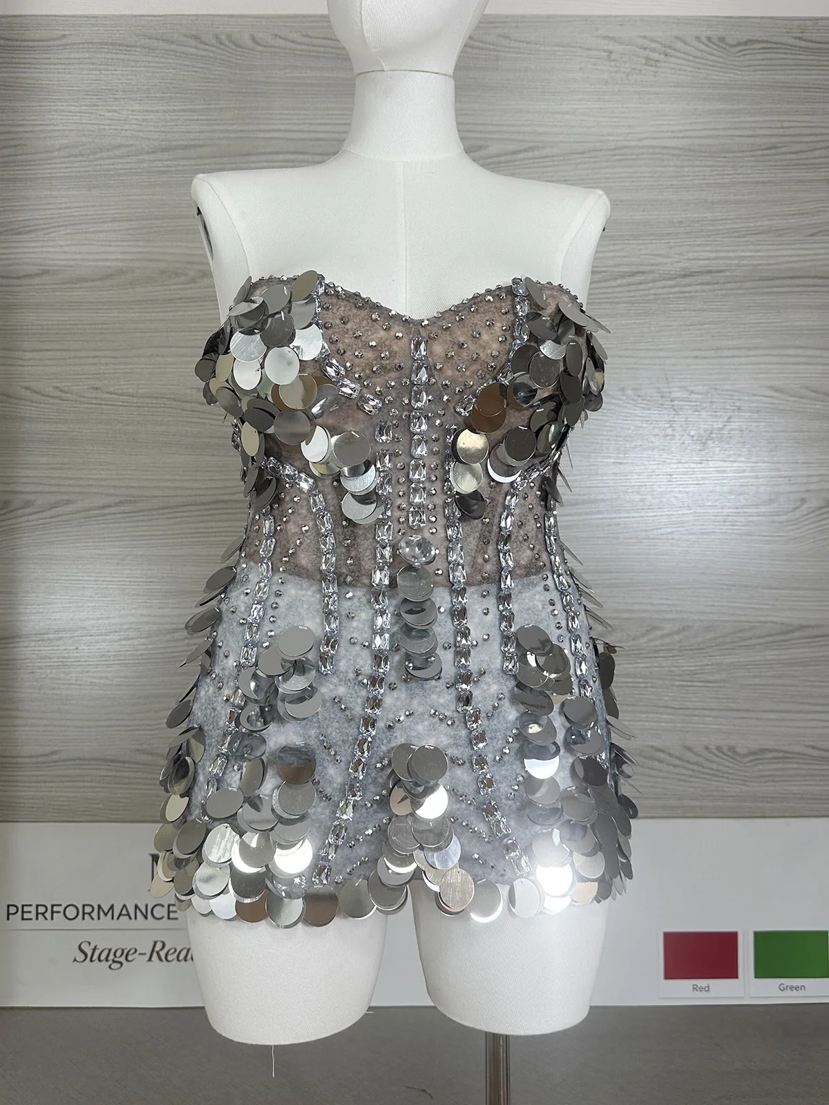 Women Silver Sequin Rhinestone Corset Mini Sexy Dress Sheer Mesh Birthday Disco Stage Costume Performance Drag Queen Outfit
