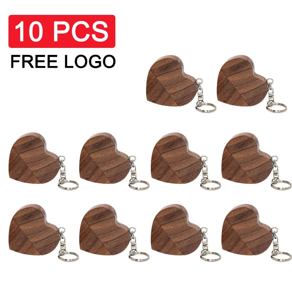 

10PCS/LOT USB stick Wooden Heart USB 2.0 Flash Drives 128GB Free custom logo key chain Pen drive 64GB 32GB Business gift