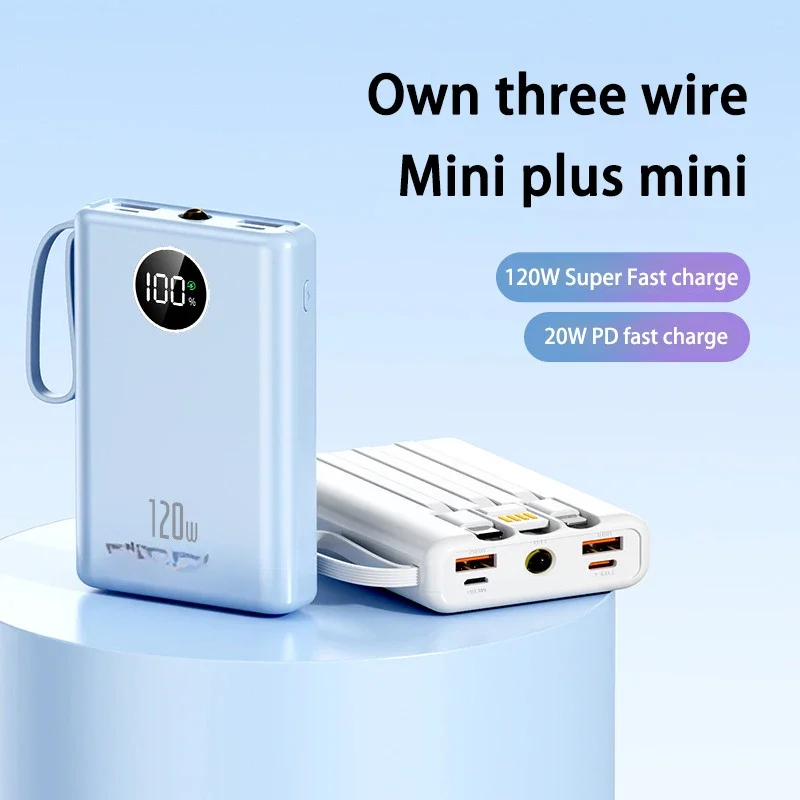 10000mAh For Xiaomi IPhone Huawei Mini Power Bank 120W Super Fast Charge Ultra-thin Charging Bank Mobile Power with Cable