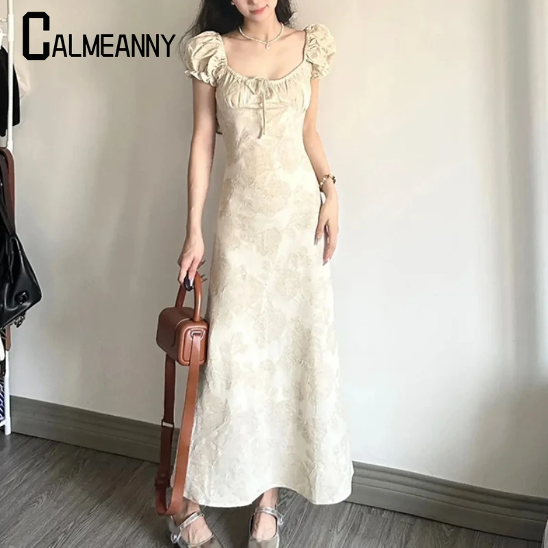 Vintage Square Collar Lace-up Package Hip Dress 2024 Summer New Style Elegant Short Sleeve Women Slim Bodycon Printed Dress