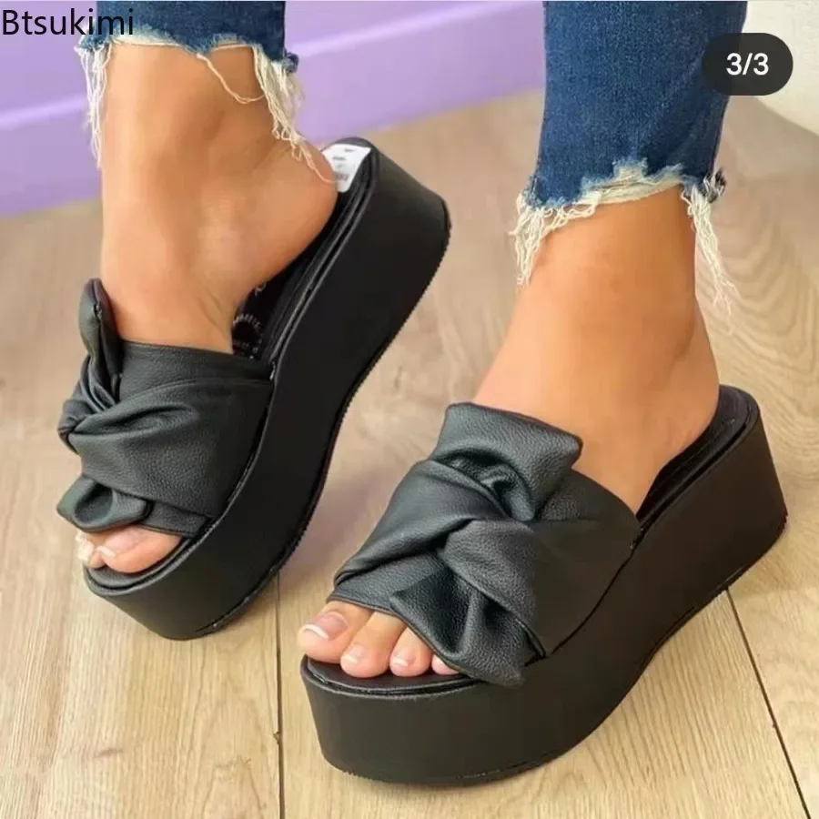 Sandalias de tacón para mujer a la moda 2025, zapatillas con plataforma con lazo, zapatos de tacón informales con fondo suave para exteriores, calzado de verano para mujer