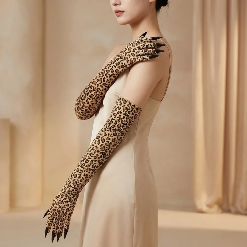 Fashion Long Sleeve Leopard Pattern Gloves Stretchy Stretch Ghost Claw Mittens Creative Personality Halloween Gloves Party
