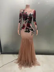 STOCK Sexy Stretch Rose Floral Rhinestone Evening Dress Drag Queen Wear Stage Singer Show Long Dresss Women Party Floor Dress