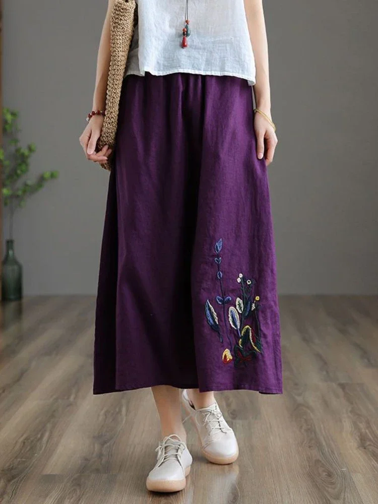 2024 Summer New Embroidered Cotton Linen Skirts for Women Retro Temperament Elastic Waist Long Skirt Loose Green Cotton Skirts