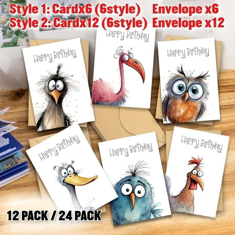 12/24pcs Funny Bird Illustration Birthday Card Set with Envelopes, Blank Note Cards for Family, and Colleagues, Wholesale Pack - view 4