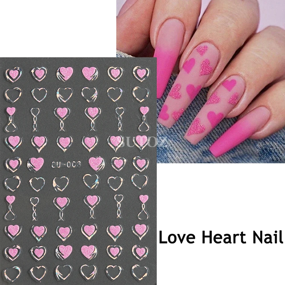 Pink Glitter Nail Stickers, 3D decalques de unhas, Laser Design, Manicure Decor, Dia dos Namorados, Coração, Estrelas, Flores, Y2K, NLCU-012, 2024