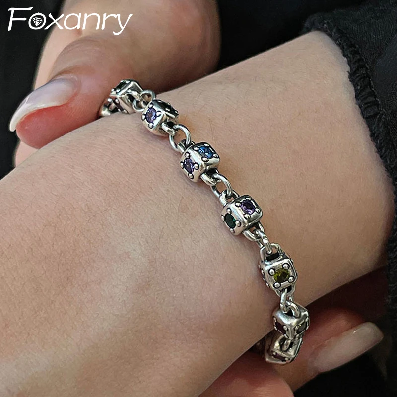 Foxanry Multicolor Zircons Chain Bracelet for Women Couples Trendy Design Vintage Handmade Birthday Party Jewelry Gifts