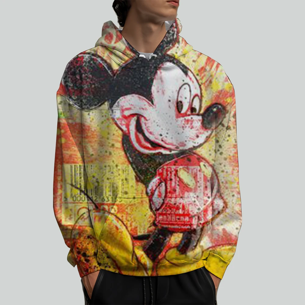 Male Sweatshirts Pocket Mickey Mouse Line Pop Cartoon Print Long Sleeve Clothing Popular Streetwear Men Hoodies Autumn Winter