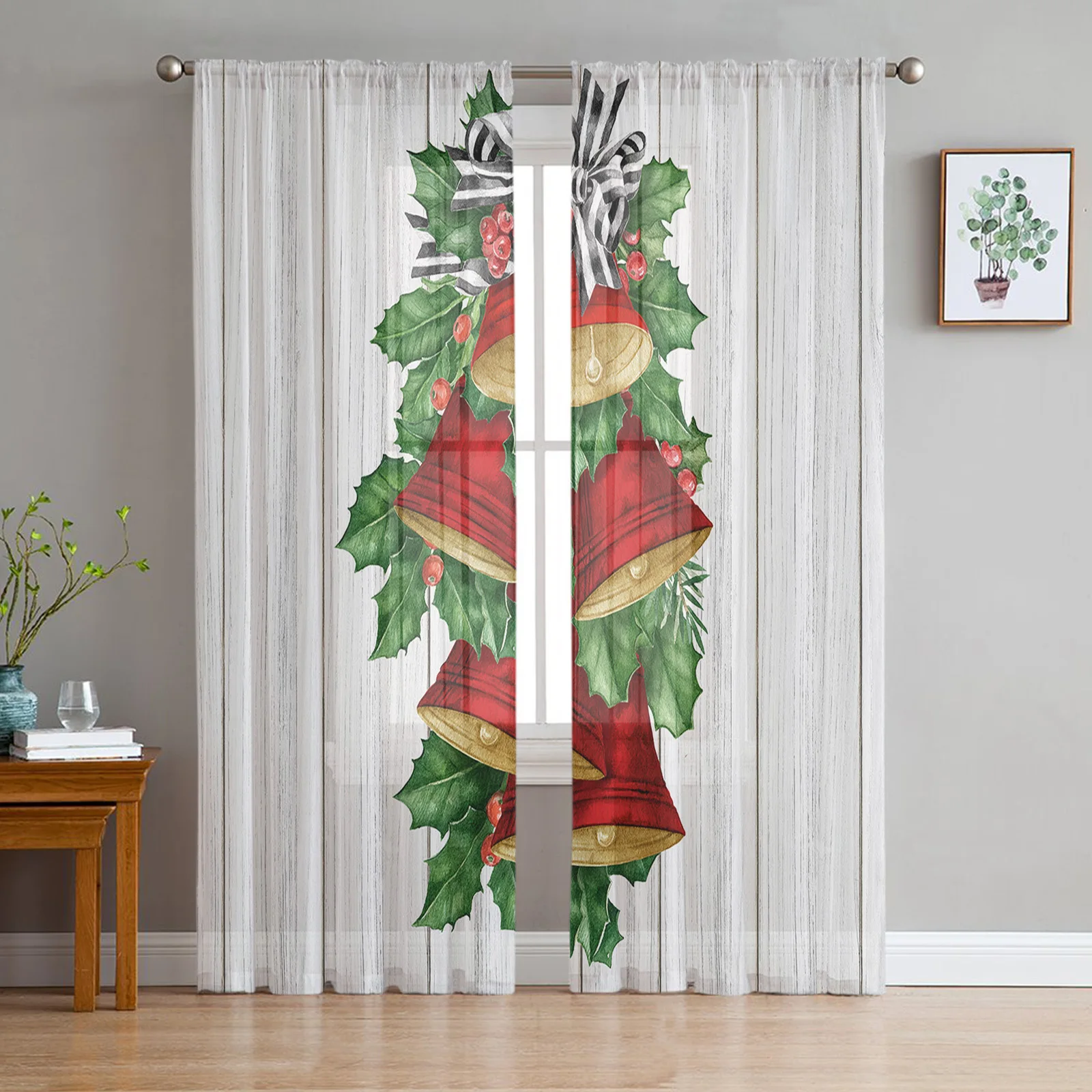 Christmas Pine Needles Red Bells Wood Grain Sheer Curtains Christmas Home Decor Window Tulle Curtains for Living Room Bedroom