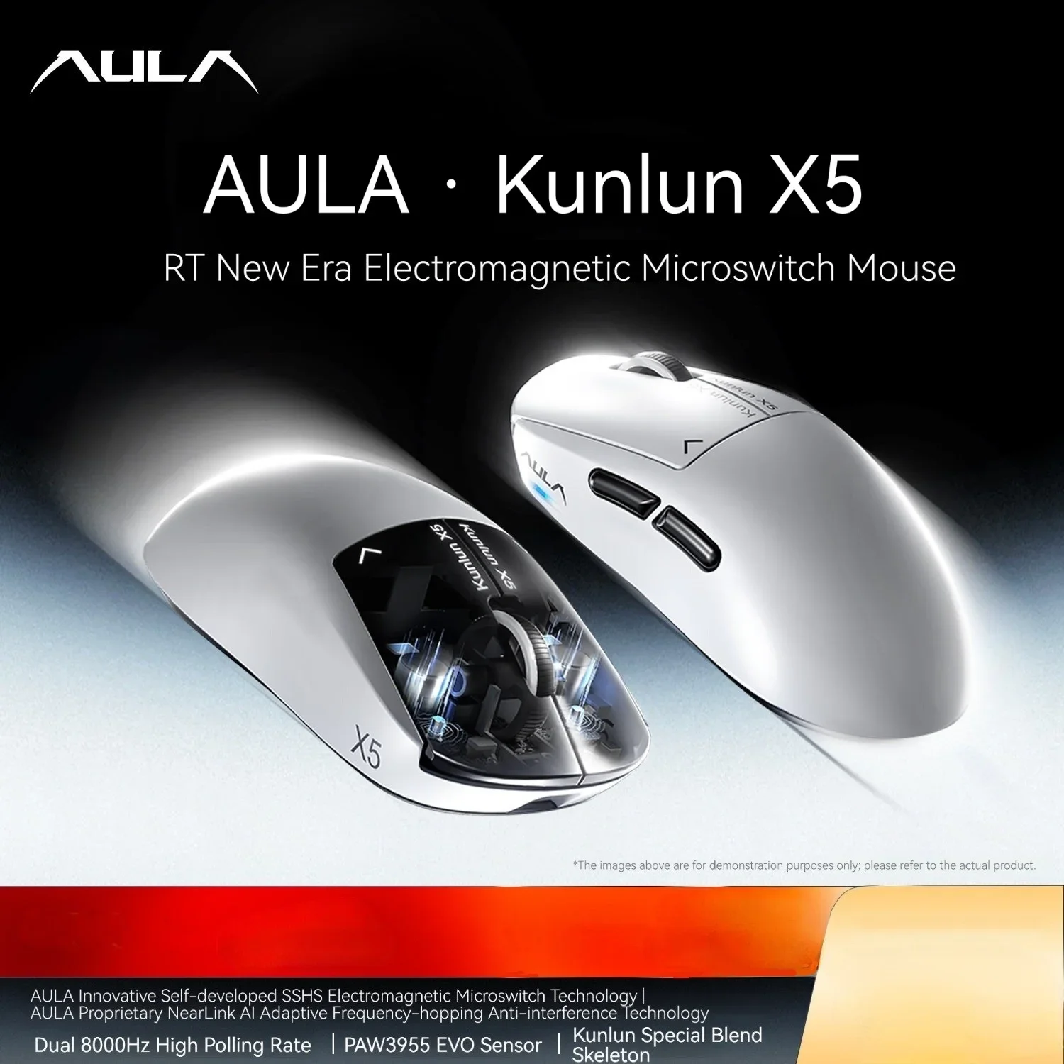 AULA Kunlun X5 Electromagnetic Micro-switch Mouse SSHS Charging Dock PAW3955EVO 3Mode Wireless Dual8K Low Latency Mid-Large Hand