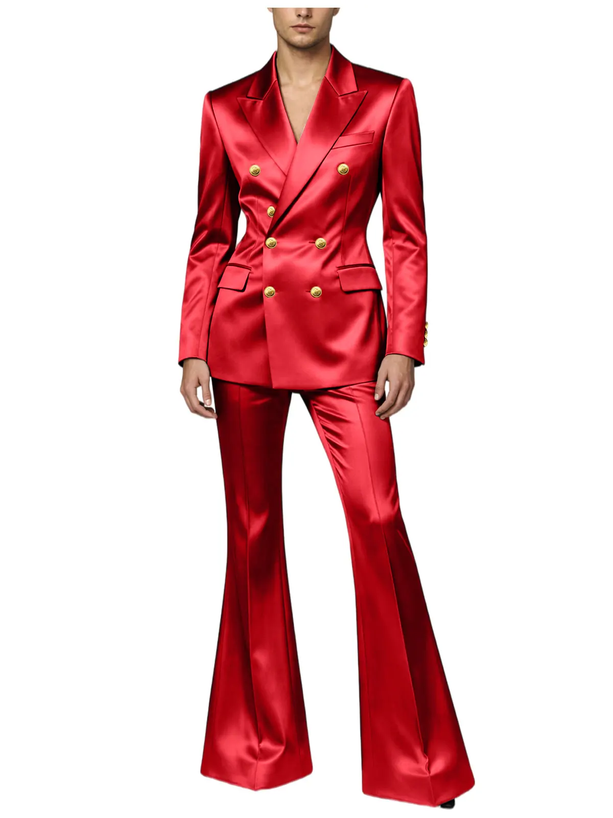 Ensemble de costume de luxe 2 pièces en satin pour homme – Blazer croisé à revers pointus et pantalo