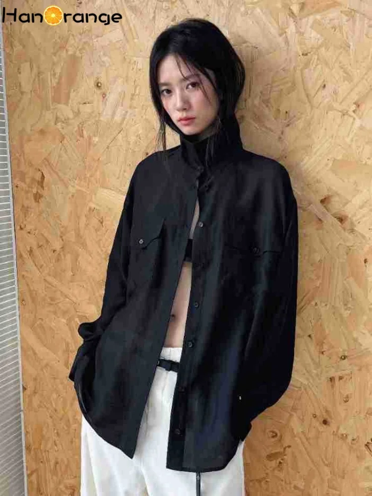 HanOrange Summer 3D Patch Pocket Air Striped Feeling Female Shirt 2026 Lyocell Blend Women Sunscreen Top Black/Green