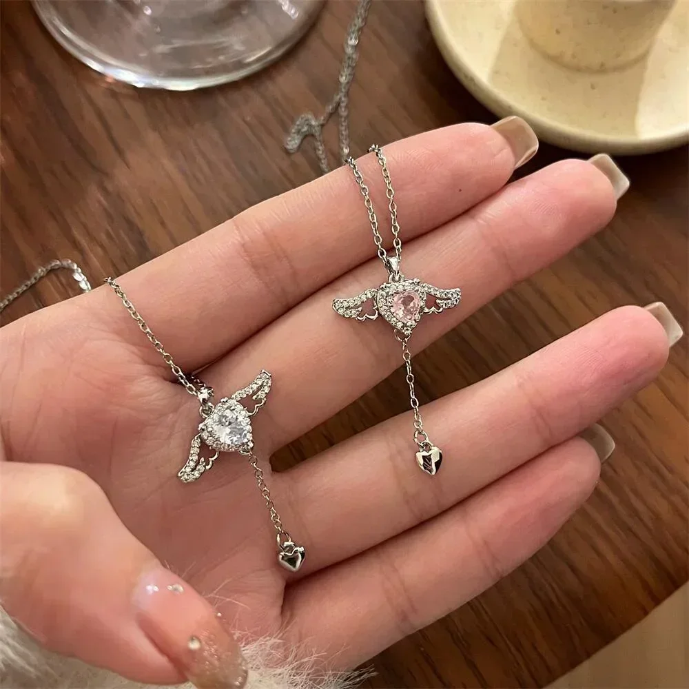 

SUMENG 2025 Crystal Angel Wings Heart Pendant Necklaces Simple Pink White Zircon Love Elegant Necklace for Women Girl Jewelry