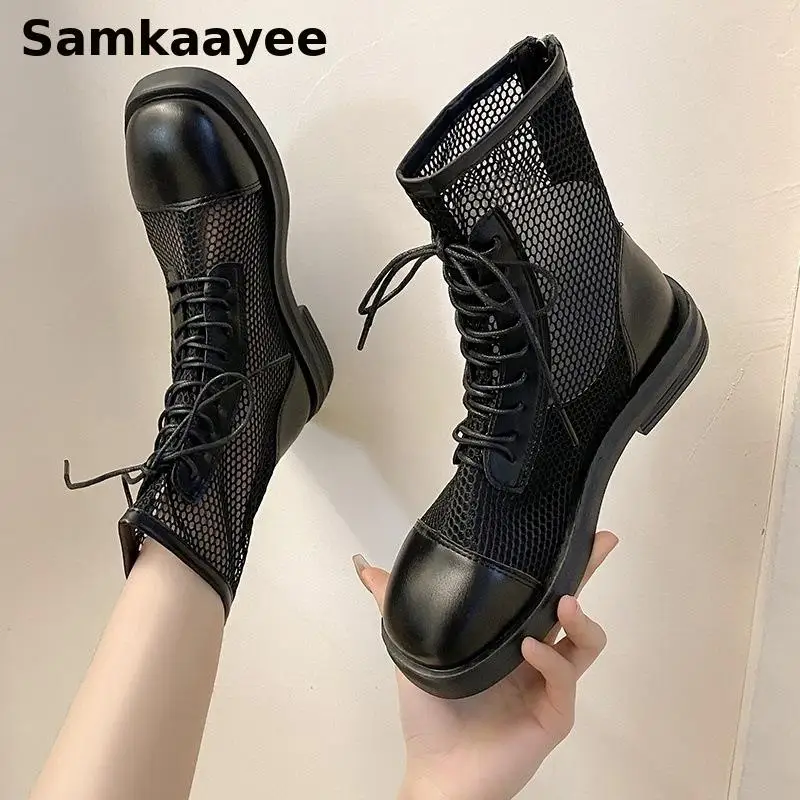 35-40 Botas huecas para mujer, zapatos transpirables de malla, Botas tobilleras de verano para mujer, calzado antideslizante de suela gruesa con cordones de Color sólido y30